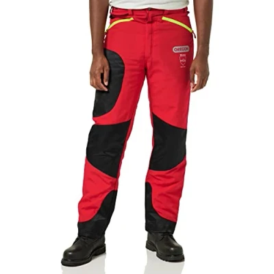 Image of Oregon Waipoua Chainsaw Protective Safety Trousers, Type A Class 1 Protection,Adjustable Lightweight Breathable Re enforced Clothing,Size 2XL / EU 58 60Hi Vis Red/Yellow/Black (295469/2XL)