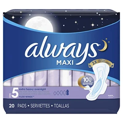 Image of Always Maxi Overnight Feminine Pads with Wings, Super Absorbency, Unscented, 20 Count Pack of 2 (40 Total Count)