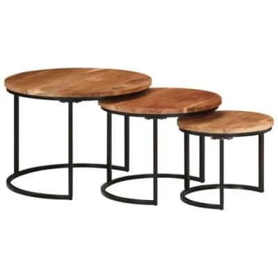 Image of vidaXL 3 piece Nesting Acacia Wood Tables with Black Frame Practical Multi use Coffee Table Set Natural Finish, Functional Side for Living room, Bedroom or Office