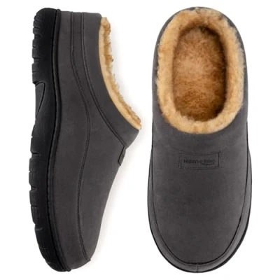 Image of HomeTop Men&#039;s Moccasin Slippers Soft Warm Non slip Memory Foam Indoor House Shoes with Fluffy Lining Grey, 10 11 UK