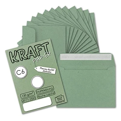 Image of 50x envelopes DIN C6 kraft paper green vintage recycling with self adhesive 114 x 162 mm