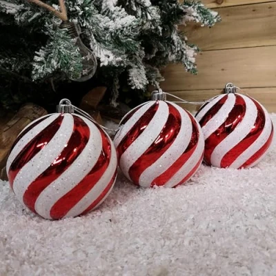 Image of Samuel ALEXANDER Pack of 3 Large Red &amp; White Candy Cane Shatterproof Christmas Baubles Decorations