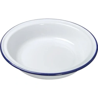 Image of Premium Quality Traditional Enamel White Blue Trim Rice Plate, Pasta Bowl, Dinner Round Pie Soup Mixing Deep Dish Tableware Crockery (Round 24cm)