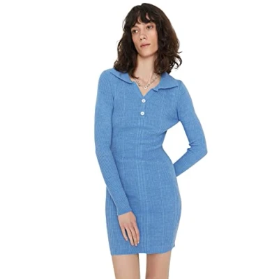 Image of Trendyol Women&#039;s Woman Regular Shift Polo Neck Knitwear Dress, Blue, L UK