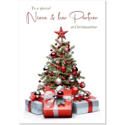 Image of doodlecards Niece &amp; Partner Christmas Card Parcels and Tree Medium Size with Plain Envelope