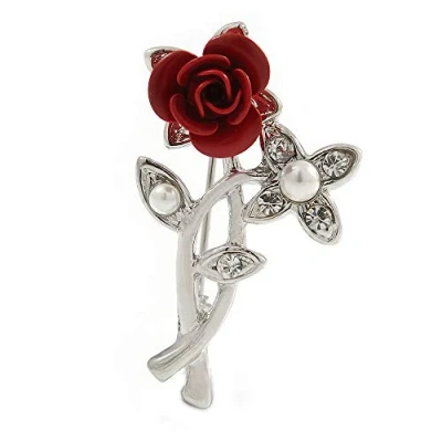 Image of Avalaya Classic Red Rose with Simulated Glass Pearls Brooch in Rhodium Plating 35mm Across