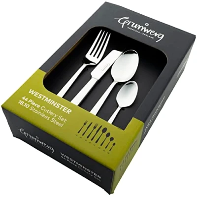 Image of Grunwerg Westminster 44 Piece Boxed Mirror Cutlery Set 44BXWMS, 18/10 Stainless Steel, Silber
