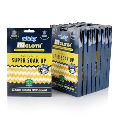 Image of Minky M Cloth Super Soak Up Multipack Microfibre Cloths, Pack of 9, Ultra Absorbent, Powerful Water Absorbing Anti bacterial Cleaning Cloth, Multiuse Duster, Quick Dry, Yellow