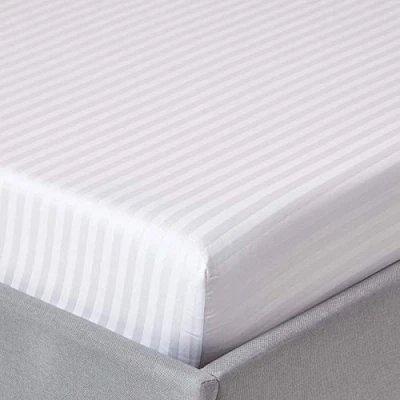 Image of HOMESCAPES White Deep Fitted Sheet (12) King 330 TC 500 Thread Count Equivalent Satin Stripe Pure Egyptian Cotton Bed with Fully Elasticated Skirt