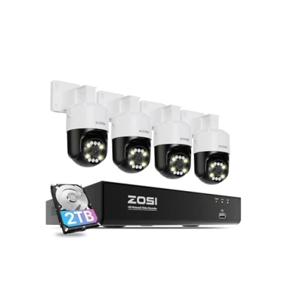 Image of ZOSI 4K PoE CCTV Camera System with 4pcs 8MP Outdoor Pan/Tilt Cameras and 8 Port 16CH NVR 2TB HDD, Person/Vehicle/Pets/Flame Detection, Auto Tracking, 2 Way Audio, Color Night Vision
