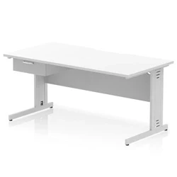 Image of Impulse 1600 x 800mm Scalloped Edge Office Desk White Top Silver Cable Managed Leg Workstation 1 Drawer Fixed Pedestal