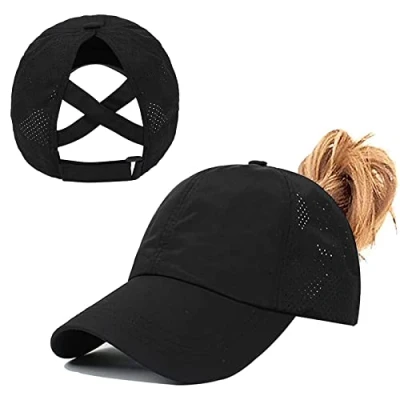 Image of Womens Criss Cross Ponytail Baseball Cap,High Messy Bun Ponycap Quick Drying Mesh Outdoor Sports Hat with Hole Adjustable Travel Summer (Black, One Size)