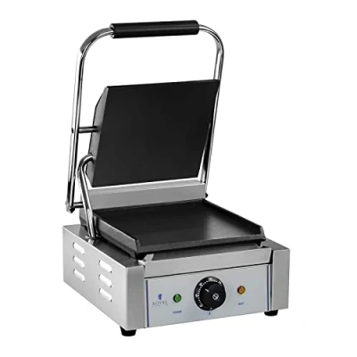 Image of Royal Catering Electric Contact Grill Panini Sandwich Smooth 1800 W 300 C RCKG F (Stainless Steel, Enamelled Cast Iron, 50 C)