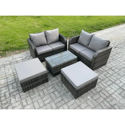 Image of Rattan Garden Furniture Set 6 Seater Patio Outdoor Lounge Sofa with Rectangular Coffee Table 2 Big Footstool Dark Grey Mixed Fimous