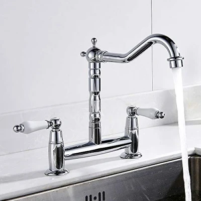 Image of Kitchen Sink Taps 2 Hole 1/4 Turn Dual Traditional Ceramic Handles Lever Hot &amp; Cold Mixer Faucet Swivel Spout Brass