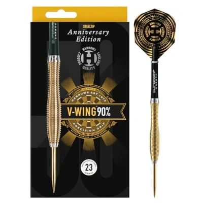 Image of Harrows V Wing 90% Tungsten Steel Tip Darts Set. Available in 21g, 23g, &amp; 25g Includes Curved &#039;V Wing&#039; barrel, Midi Supergrip Carbon shafts New Anniversary 100 Micron Flights (25, Grams)