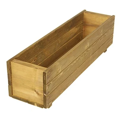 Image of Wooden Garden Planter Flower Plant Pot Basket Trough Outdoor Timber Long Rectangular Large Herb Boxes Brown Wood Stain Finish