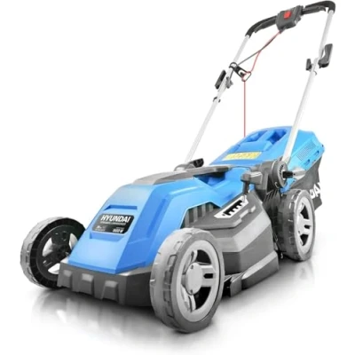 Image of Hyundai HYM3800E 1600W 230V Corded Electric Rotary Lawnmower With Rear Roller, 38cm Cutting Width, Mulching, 30L Grass Box, 5 Heights, 10M Power Cable, Blue