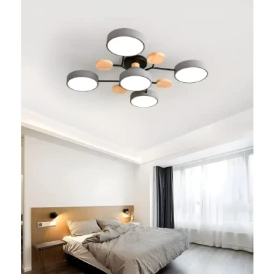 Image of Modern Semi Flush Mount Ceiling Light Circular Acrylic 5 Heads LED Lamp Nordic Grey Sputnik Fixture with Wood Decoration for Living Room Dining Bedroom