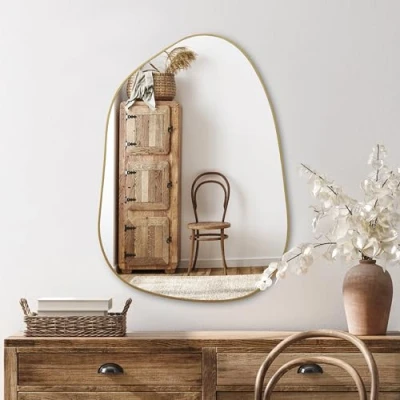 Image of PERFNIQUE Irregular Wall Mirror Asymmetrical Mirror, 71 x 50 cm Golden Wood Framed for Bathroom Bedroom Living Room Entryway, Decorative Modern Decor (Gold, cm)