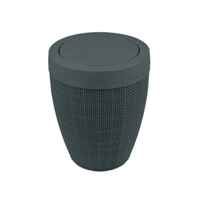 Image of Addis Faux Hessian Round Swing Lid Plastic Bathroom Bedroom Home Office Bin, 5 litre capacity, Charcoal Dark Grey