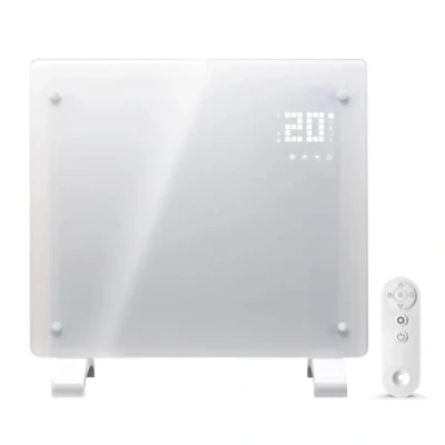 Image of Devola Wifi Enabled Smart Electric Glass Panel Heater 1000W Alexa Heating Control, Open Window Detection, Wall Mounted &amp; Free Standing Low Energy Heaters with Timer Lot 20, DVPW1000WH (White)