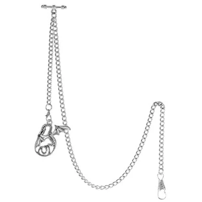 Image of TREEWETO Pocket Watch Chain with T Bar End Albert Antique Dragon Pendant and 2 Hooks for Vest Buttonhole Silver