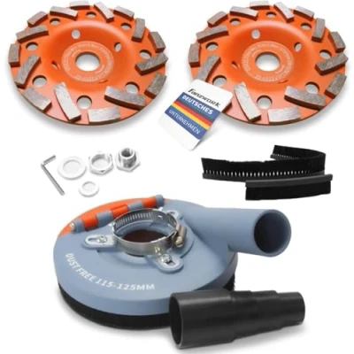 Image of FANZWORK Suction Hood for Angle Grinder Including 2 x 125 mm Diamond Cup Wheels, Professional Quality, Interchangeable Brushes, 99% Universal Fit, Reinforced Adapter Ring, M14