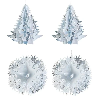 Image of Christmas Foil Ceiling Decorations Set 4 30cm Tree and Ball Set. 2 Balls (White/Silver)