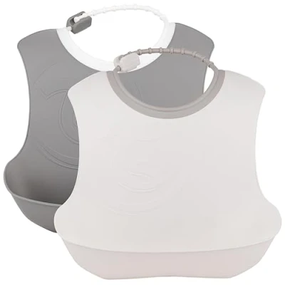 Image of Twistshake 2X Baby Bibs with Crumb Tray, Waterproof, 4+ Months, Pastel Grey/White