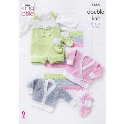 Image of Baby Knitting Pattern Babies Romper Suit Blanket Cardigans and Bootees in Cottonsoft DK King Cole 5468