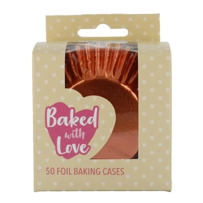 Image of Baked With Love Foil Baking Cases, Cups, Greaseproof Cupcake Rose Gold Pack of 50