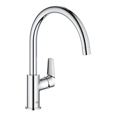 Image of GROHE BauEdge Single Lever Kitchen Mixer Tap (Monobloc Installation, High Spout, Swivel Area 360˚, 28 mm Ceramic Cartridge, Tails 3/8 inch), Easy Size 332 mm, Chrome, 31367001