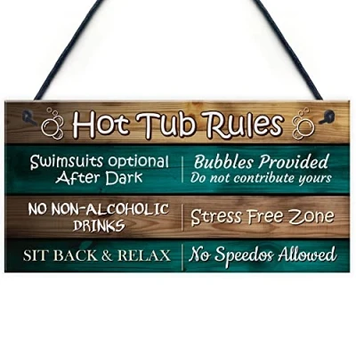 Image of Red Ocean Funny Hot Tub Rules Sign For Garden Decor Plaque Outside Accessories Hanging Wall Spa
