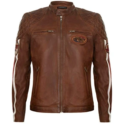 Image of Infinity Leather Mens Men’s Classic Striped Racing Jacket Barcelona Tan Size 3XL