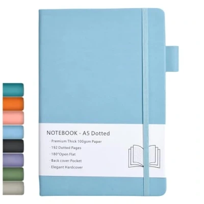 Image of Dotted Journal, A5 Hard Cover Journal with Premium 100 GSM Thick Paper, 192 Pages, Inner Pocket, Elastic Banded, Faux Leather Cover, 14.5X21.3 cm (Blue)