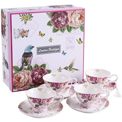 Image of London Boutique Tea cup and Saucer Set 4 Afternoon Shabby Chic Vintage New Bone China Porcelain Bird Butterfly Flora Gift Box (Bird Rose Butterfly)