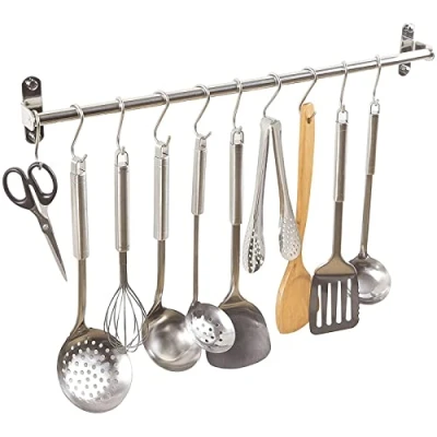 Image of Lonsy Kitchen Utensil Rail with 10 Sliding Hooks Wall Mounted Hanging Rack 304 Stainless Steel Hanger for Tools, Pot (40cm Hooks)