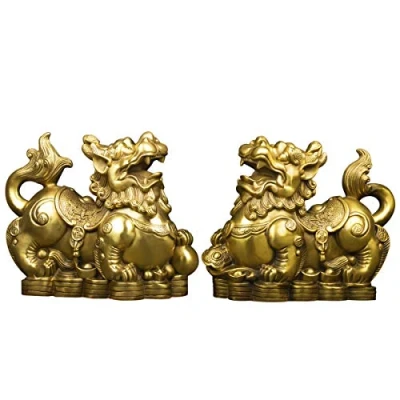Image of BRABUD Handmade Brass Feng Shui Pi Yao /Pi Xiu for Wealth Good Luck Figurine Collectible Home Decor Set of 2