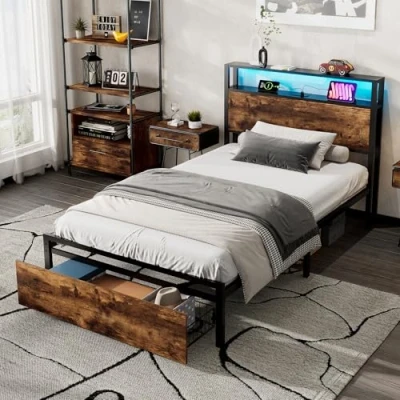 Image of ModernLuxe 3FT Single Bed Frame with LED Light Strip and Drawer, 3 USB Port, Multifunctional Metal for Adults Teenagers, Wrought Iron Bed, Rustic Wood Finish, Black &amp; Walnut, 90x190cm