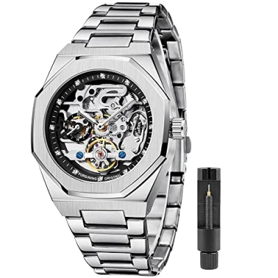 Image of Mechanical Mens Watches Fashion Automatic Male Clock Blue Stainless Steel Waterproof Business Skeleton Watch…, silver black, Quartz Watch,Mechanical,Self winding
