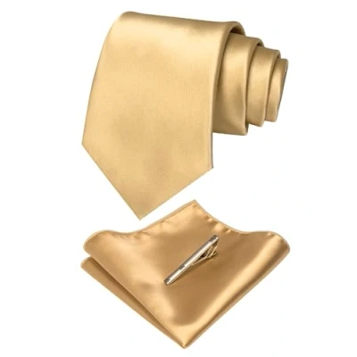 Image of JEMYGINS Gold Tie Silk Necktie and Pocket Square With Clip Sets for Men (1)