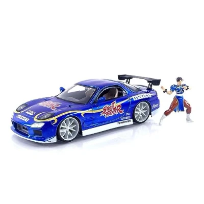 Image of Jada Street Fighter 1:24 1993 Mazda RX 7 Die Cast Car &amp; 2.75&quot; Chun Li Figure, Toys for Kids and Adults, Blau