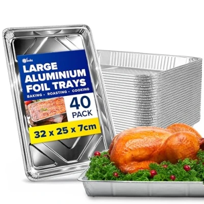Image of ebake Aluminium Foil Trays 40 Pack Disposable Containers (32cm x 20cm 3cm) Large Roasting Tin for Baking, Roasting, Cooking, Broiling, BBQ and Food Storage Baking Oven