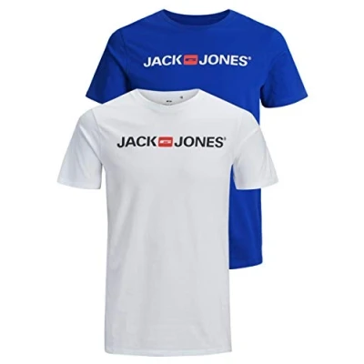 Image of JACK &amp; JONES Men&#039;s JJECORP Logo TEE SS Crew Neck, White/2 PACK W.SURF The Web/RE, S