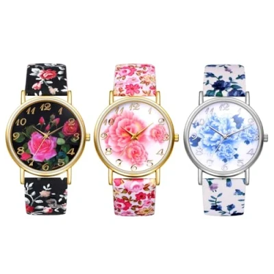 Image of JewelryWe Womens Floral Canvas Watches: Analog Quartz Easy Read Simple Big Dial Flower Wristwatch