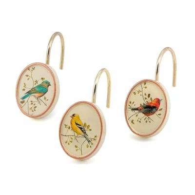Image of Avanti Linens Shower Curtain Hooks, Nature Inspired Bathroom Decor, Set of 12 (Gilded Birds Collection)