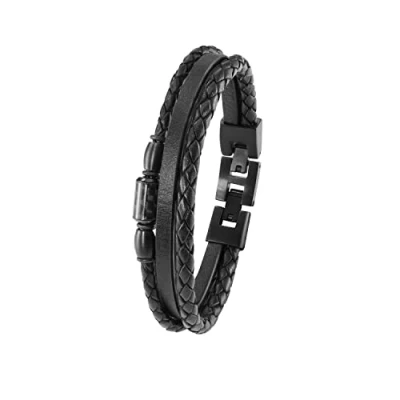 Image of s.Oliver bracelet stainless steel carbon/leather men&#039;s arm jewelry, 20+1.5 cm, silver, Comes in jewelry gift box, 2022637
