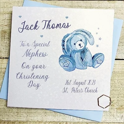Image of WHITE COTTON CARDS NEPHEW PERSONALISED CHRISTENING CARD, BLUE BUNNY DESIGN, HAND FINISHED (X) P23 44 NEP