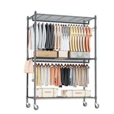Image of Himimi Double Rod Garment Rack/Clothes Rail with Height Adjustable Shelves, Heavy Duty Clothes Rack 2 Hooks, Rails Wheels, 90 * 42 205cm, Black